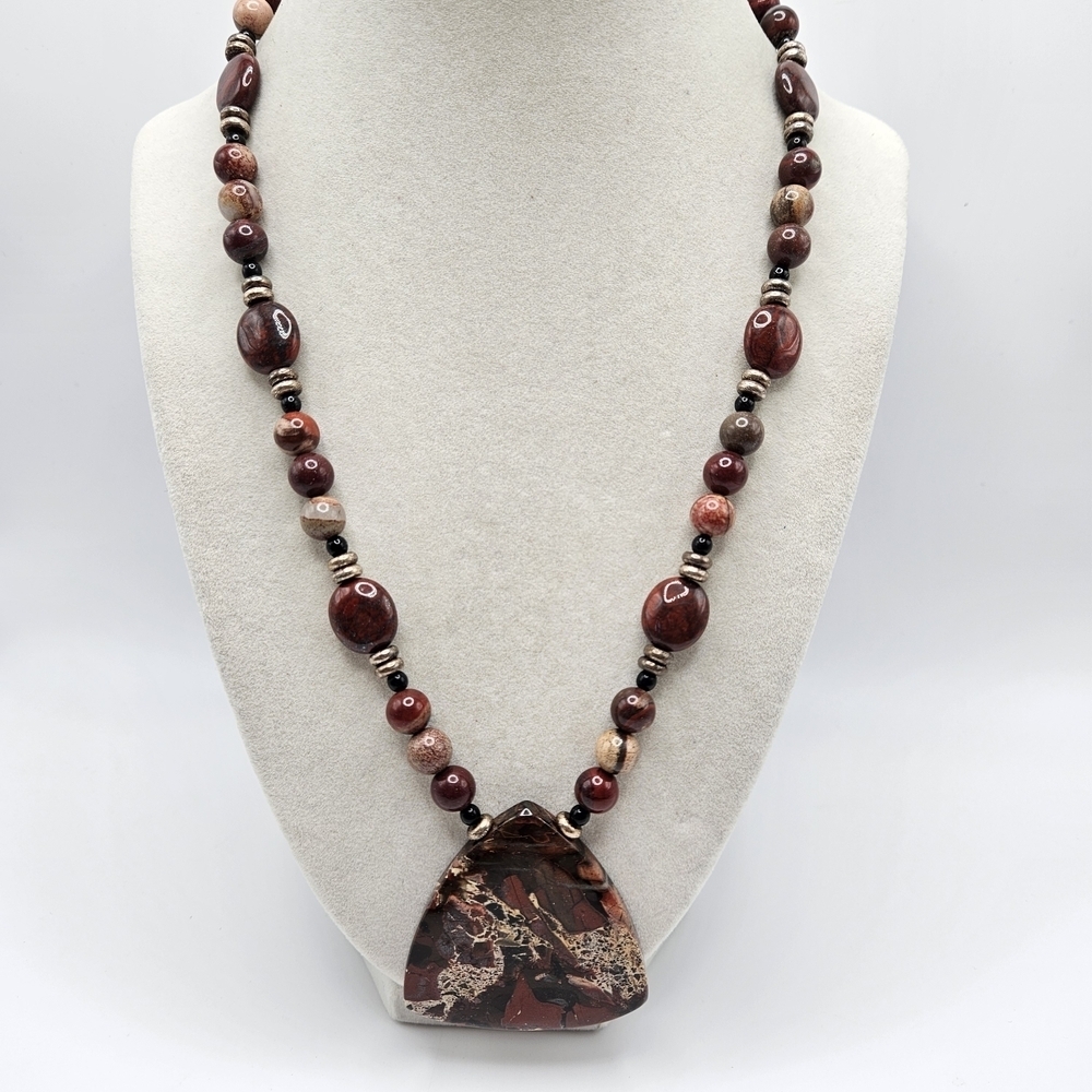 VINTAGE Handcrafted Brecciated Jasper Large Pendant Beaded Necklace